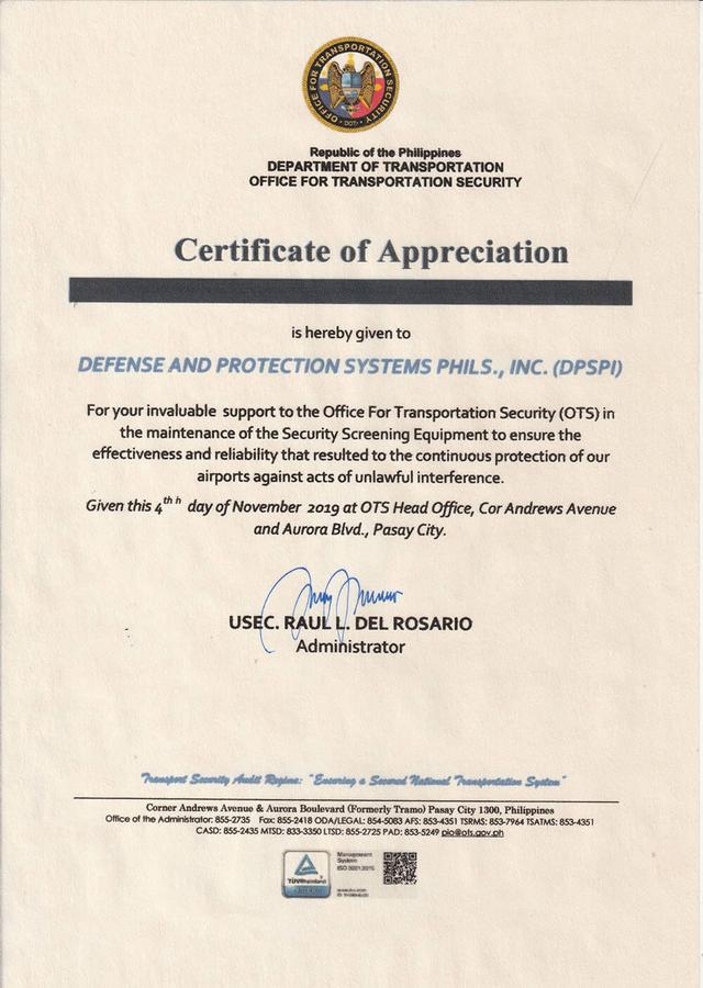OTS Certificate of Appreciation